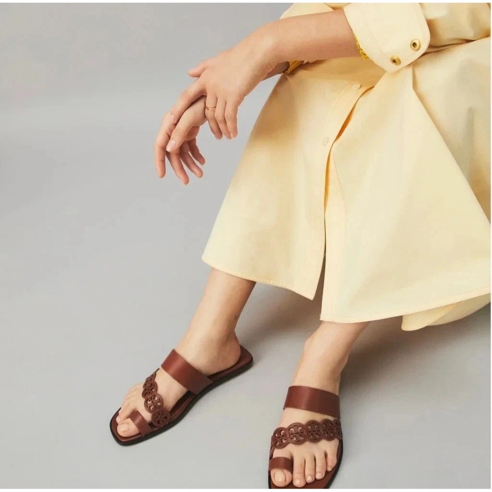 Tory Burch Brown Leather Tiny Miller Laser Cut Toe Ring Flat Sandals 9 79668